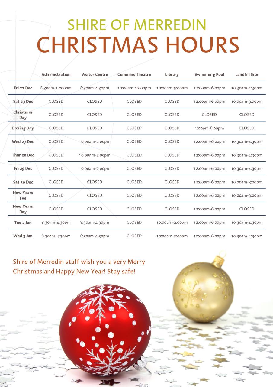 Shire Christmas opening hours
