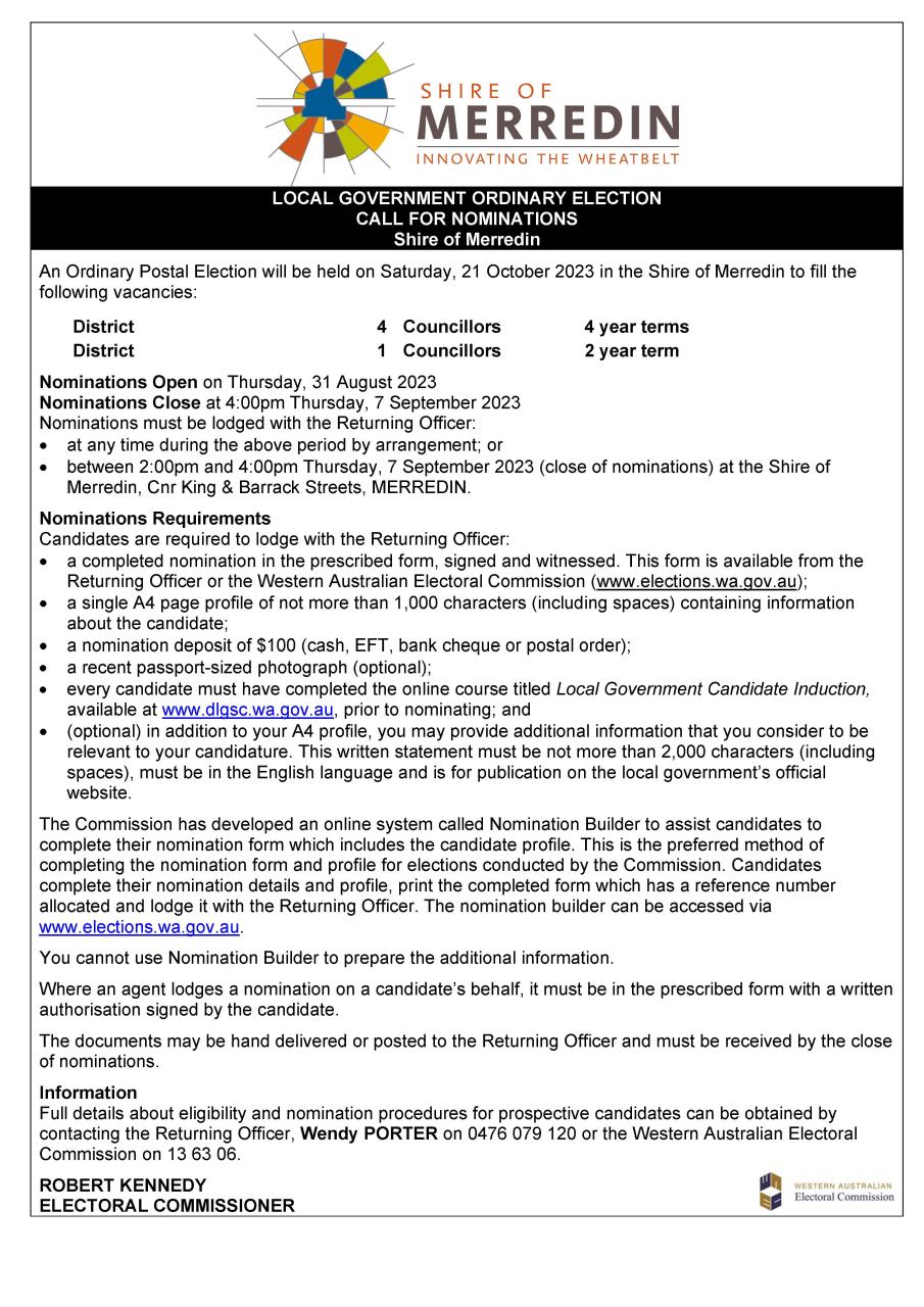LOCAL GOVERNMENT ORDINARY ELECTION - CALL FOR NOMINATIONS